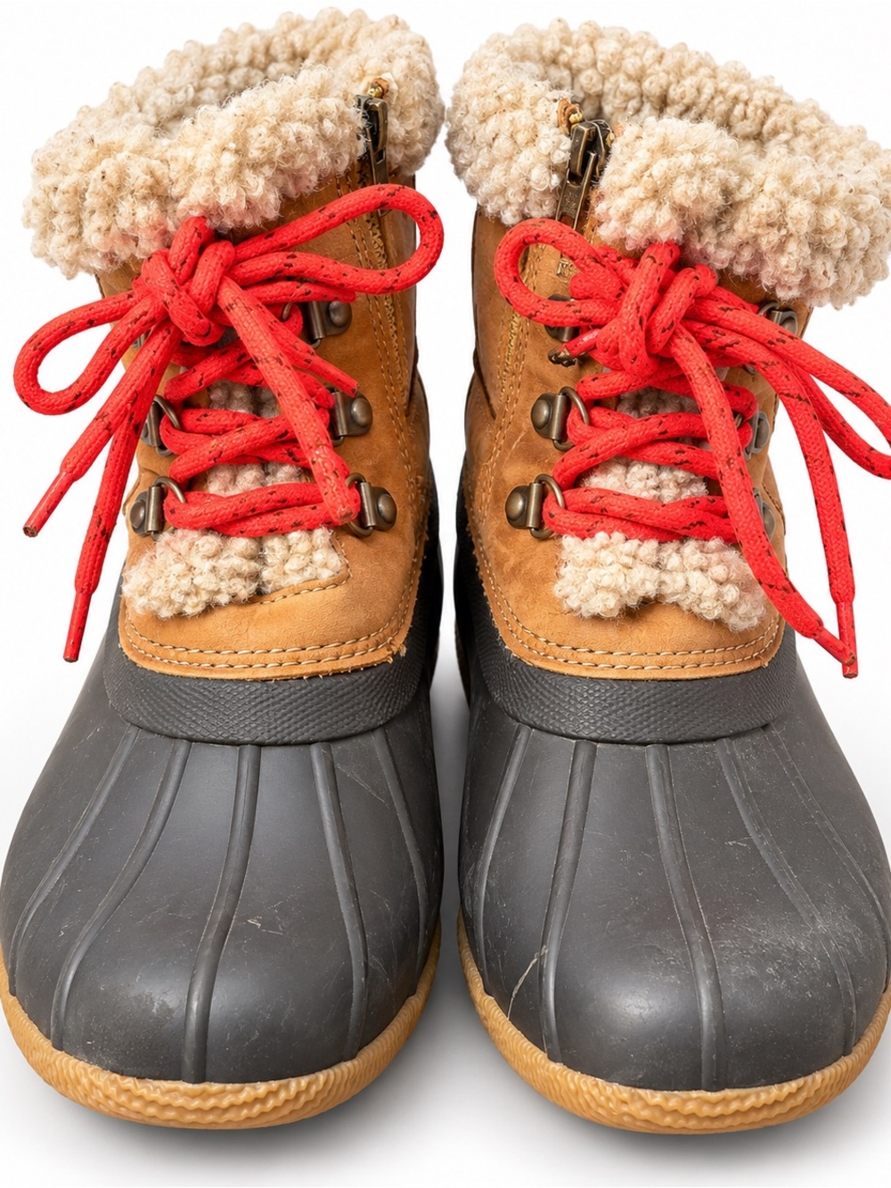 Sperry Brown and Black Duck Boots with Red Laces